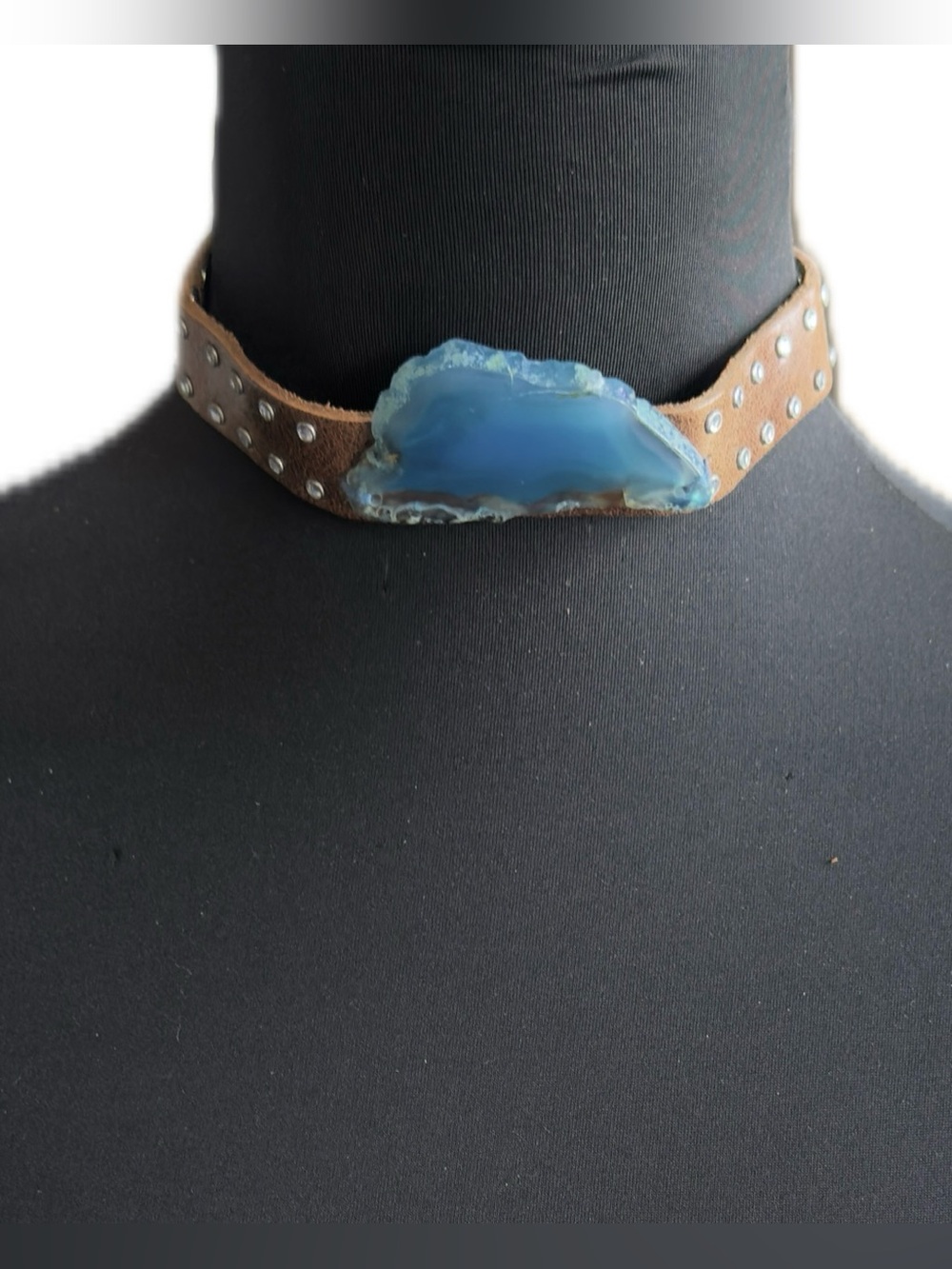 11” adjustable Shyanne Blue Agate Stone Brown Studded Leather Choker